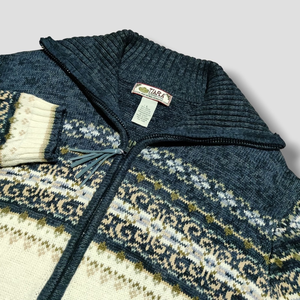 Vintage Y2K Tiara International Zip Fair Isle Nordic Cardigan Sweater Size Large
